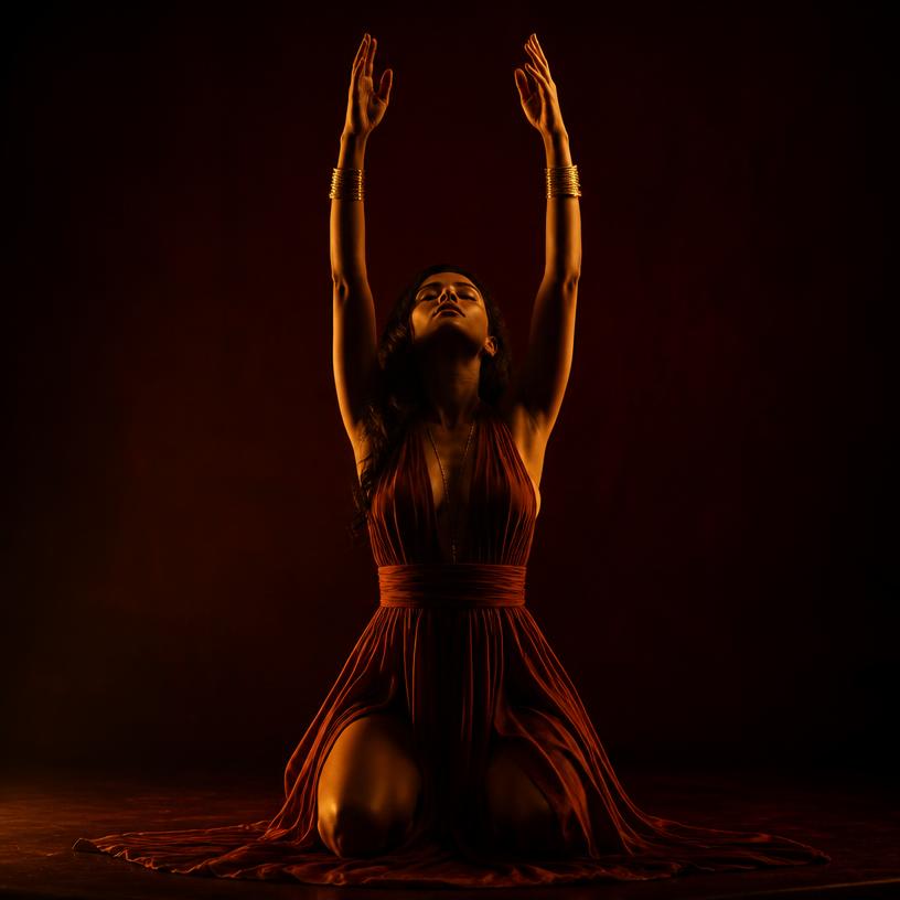 Woman kneeling with arms raised in golden light