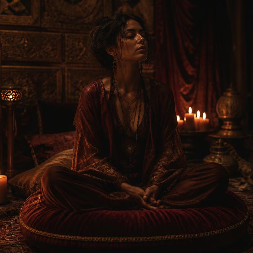 Woman meditating by candlelight in a richly draped room