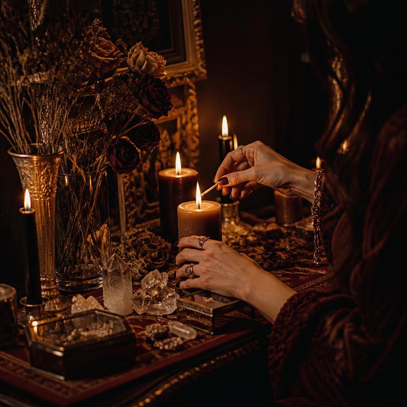Hands lighting candles at a candlelit altar with crystals